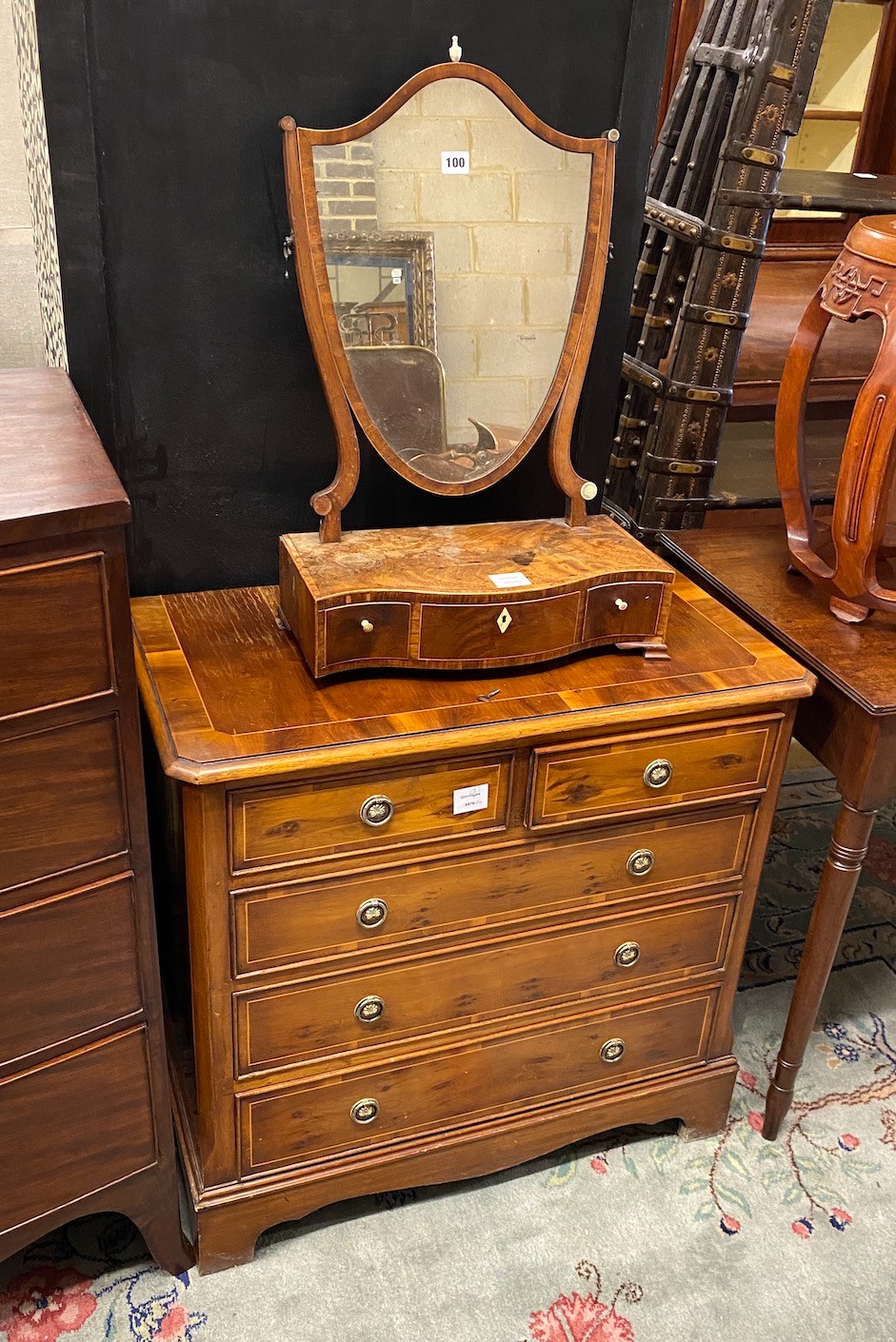A George III style banded and inlaid yew veneered chest of drawers, width 77cm, depth 42cm, height 75cm